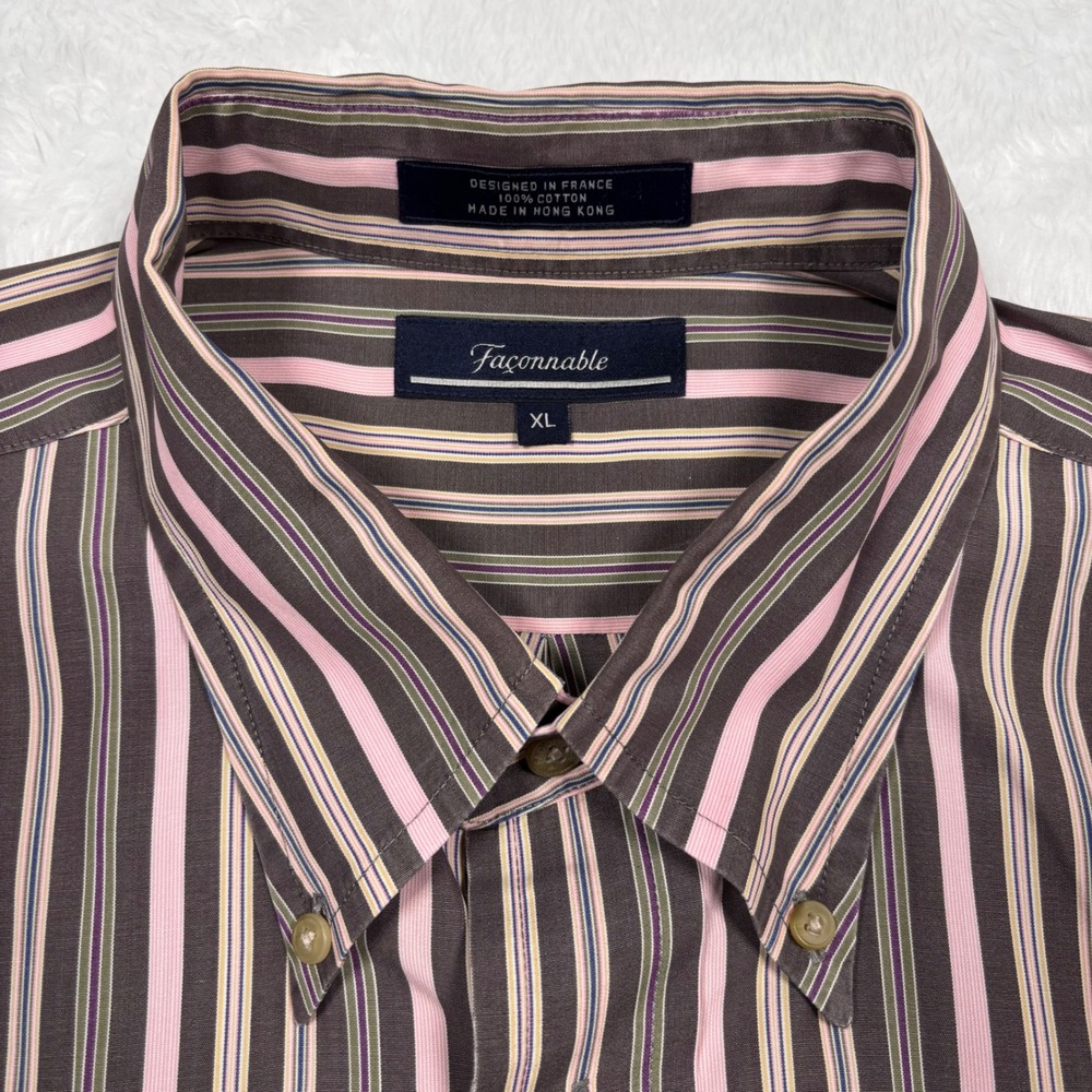 Façonnable Button Down Shirt Men XL Brown Pink Striped Long Sleeve Office Pocket